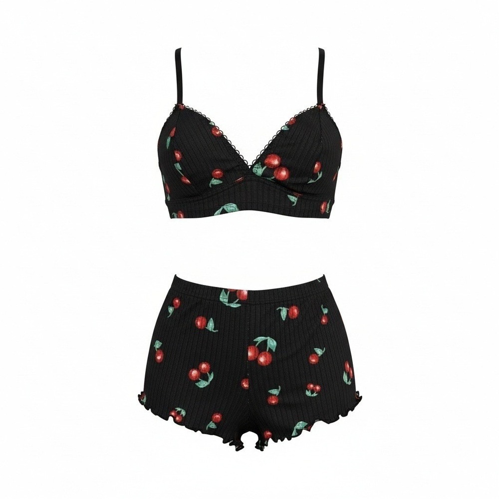 New Medium Black Cherry Set 2 Piece Cami Pajama Set Shorts Bra Top‎ PJ Lounge